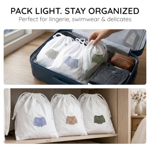 Image of Lingerie Drawstring Bags Set of 3, 15x15 inch, 100% Pure Cotton, Blue Embroidery Pattern Pouch for Underwear, Swimwear, Travel Storage, Washable Beach Bags for Men (White)