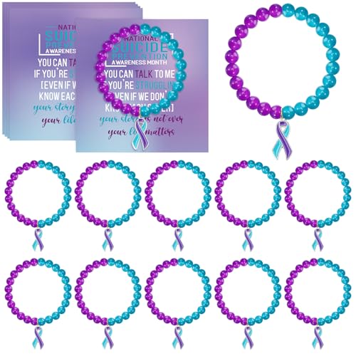 Image of Huquary 12 Pcs Suicide Prevention Awareness Bracelets Gifts Bulk Teal and Purple Natural Stone Ribbon Bracelets for Suicide Prevention Depression Awareness Gift