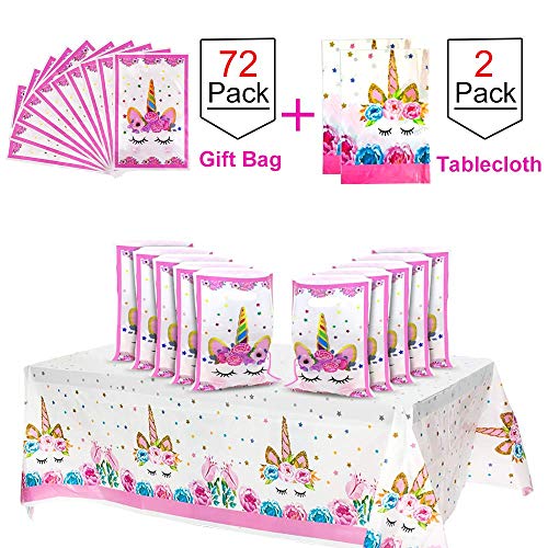 POKONBOY Unicorn Party Supplies 72 Pack Plastic Unicorn Party Bags & 2 Pack Unicorn Tablecloth for Unicorn Birthday Party Favor Bags Unicorn Goodie Bags