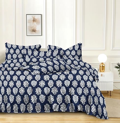 Image of Cotton Bedding Set King Size| 300 TC Double Bed Duvet Cover with Zipper (90x100 in), Double Bed Fitted Bedsheet (72x78+10 in Depth), 2 Pillow Covers (18x28 in) |Warm|DBC 040|Blue rangkaari