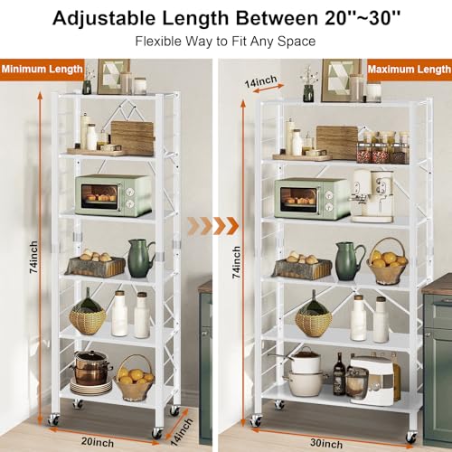 Image of Himix 6-Tier Foldable Storage Shelves Expandable Shelf Wheels White 2-in-1 | Folding shelving units, Metal collapsible organization, Changeable into 2 shelf units, Garage, Kitchen, Holds 3600 Ibs