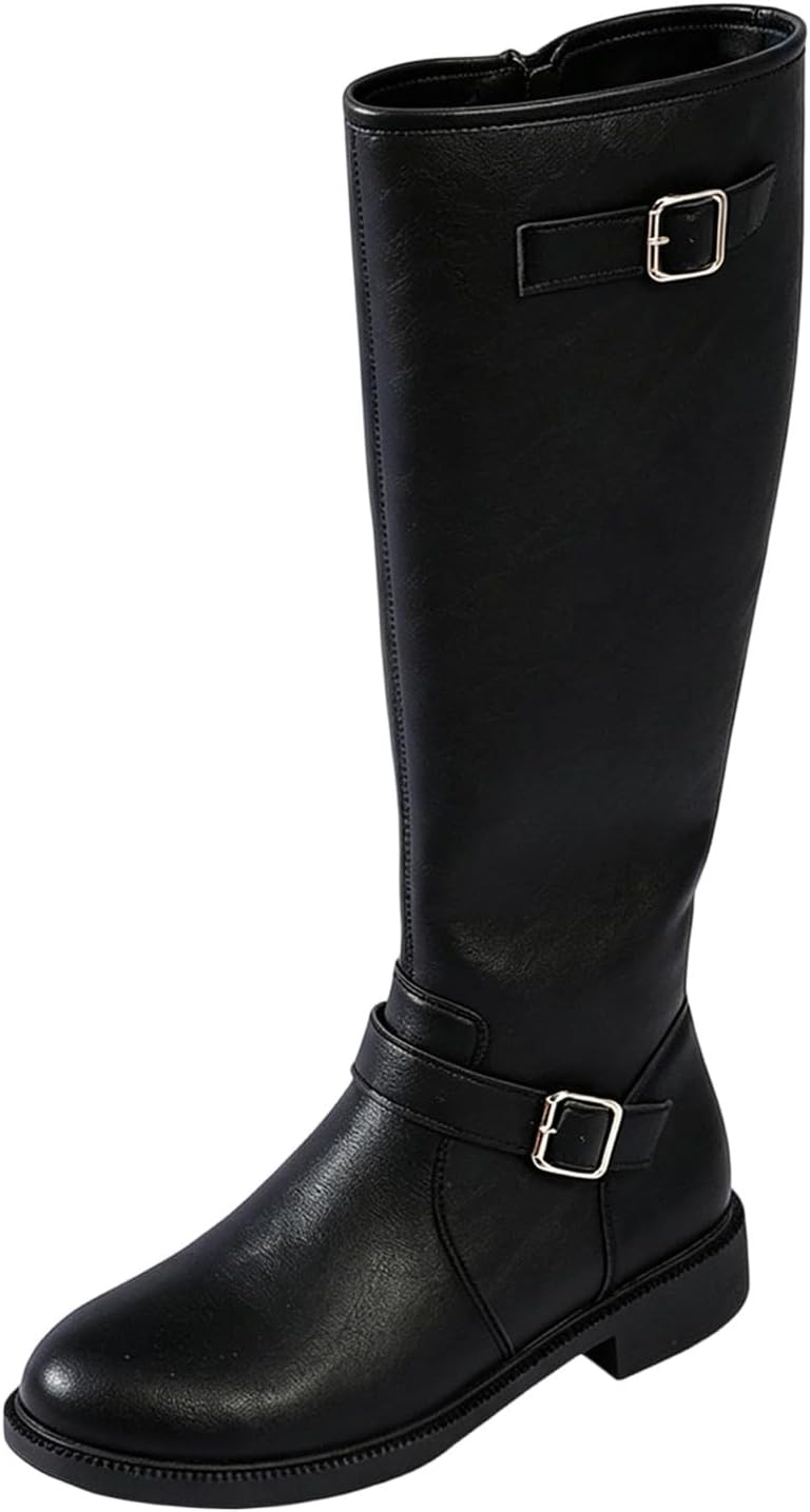 Womens Knee High Boots Strap Side Zipper Chunky Low Heel Footwear