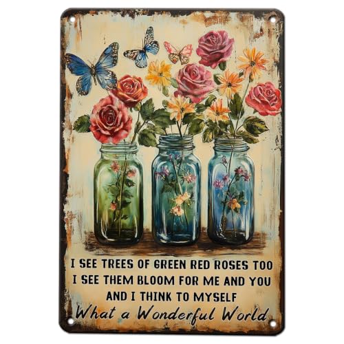 KIYOYO Butterfly And Flowers Metal Tin Sign Funny Garden Signs What A Wonderful World I See Trees Of Green Red Roses Tin Poster Home Outside Patio Porch Bathroom Garage Wall Decor 16x12 Inch