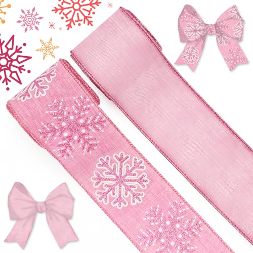 Blinket Pink Ribbon 2.5 Inch x 5 Yards Glitter Snowflake Printed Wired Ribbon for Christmas Tree Bows Wreaths and Wrapping