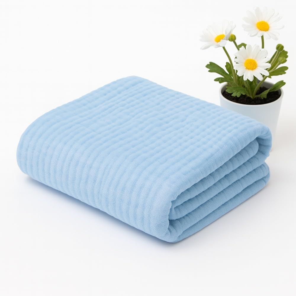 BASEEFY Muslin Baby Bath Towel Newborns Super Soft High Absorbent Cotton 6 Layer Towel Infants Toddlers Kids Boys Girls (105 * 105 CM, Blue)