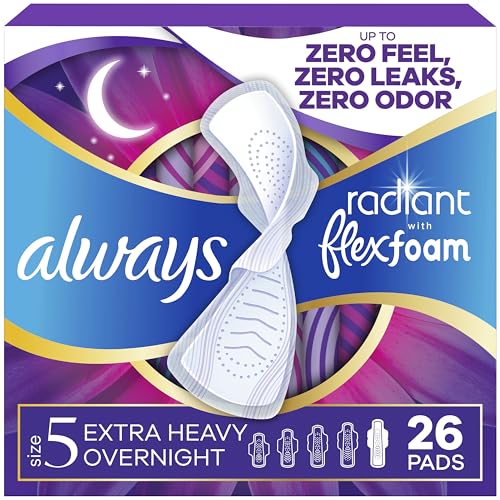 Image of Always Radiant Feminine Pads for Women, Flexfoam Pads with Wings, Size 5, Extra Heavy Overnight Absorbency, Lightly Scented, 26 Count
