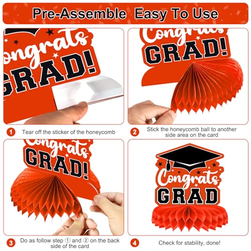 PERFQU 8 Pieces Class of 2026 Graduation Table Decorations - 2026 Congrats Grad Honeycomb Centerpieces, Graduation Table Toppers Decor for 2026 Graduation Party Decorations Favor Supplies, Orange — view 4