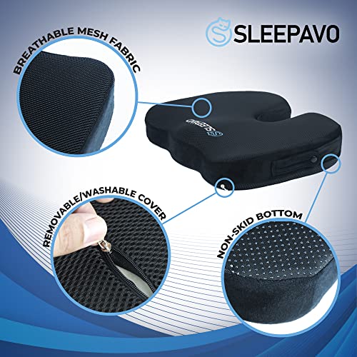 Sleepavo Black Memory Foam Seat Cushion For Office Chair - Cooling Gel Pillow For Sciatica Coccyx Back Tailbone, Lower Back Pain Relief - Chair Pad For Lumbar Support In Office Desk, Car, Airplane #TOP3