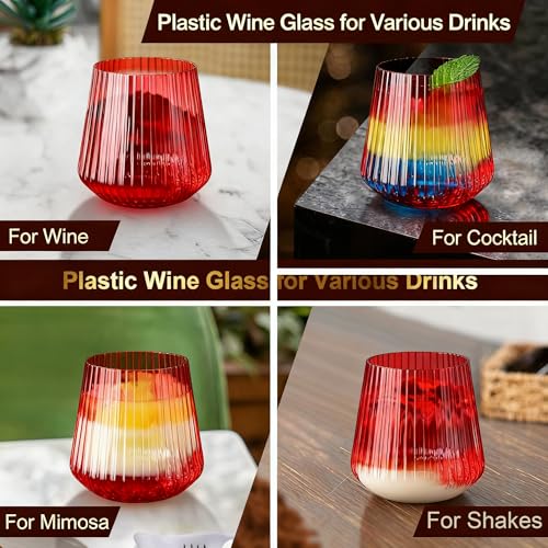 Image of Lueumxc 40 Pack Plastic Ribbed Wine Glasses, 14Oz Origami Disposable Wine Glasses Unbreakable Clear Plastic Cocktail Glasses Recyclable Shatterproof Reusable Wine Cups (14oz-red-40pack)