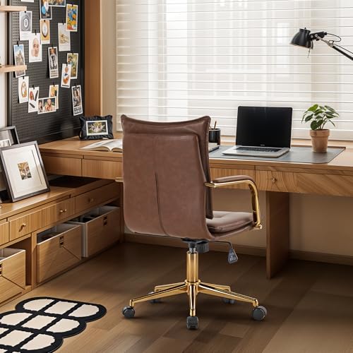 MOJAY Mid-Back Ergonomic Leather Office Desk Chair, Modern Upholstered Computer Chair, Executive Office Chair with Arms, Swivel Adjustable Rolling Chair with Gold Base (Brown) - Image 3