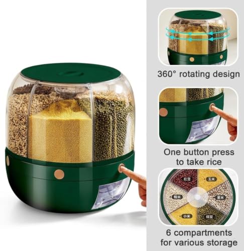 Image of Rotating Grain Dispenser for Kitchen | Multi-Compartment Food Storage Container with 6 Sections | 360 Dry Food and Cereal Organizer for Rice, Pulses, Cereal, Flour, Grains, Seeds (Green)