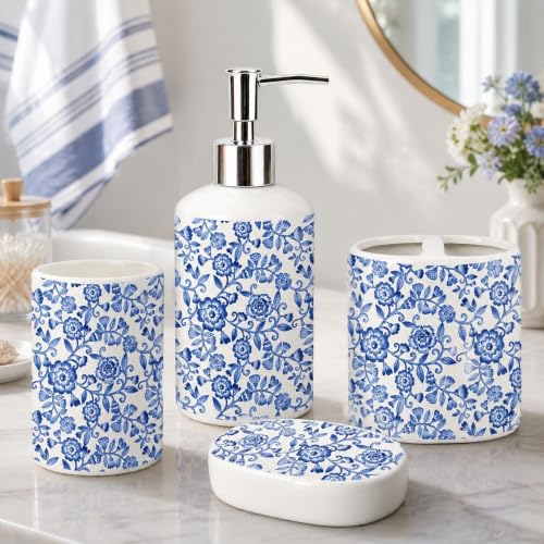 JarThenaAMCS 4Pcs Blue Floral Bathroom Accessories Vintage Chinoiserie Flower Ceramic Liquid Dispenser Toothbrush Holder Tumbler Soap Dish for Home Party Favors Supplies