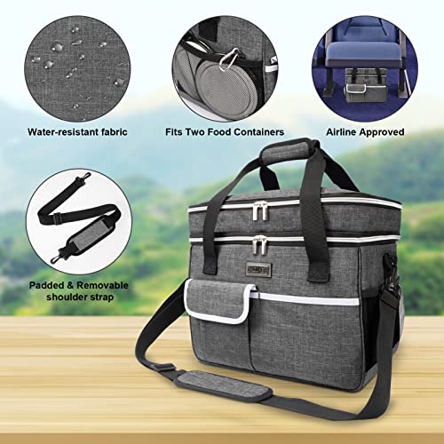 BAGLHER Dog Travel Bag for Supplies - Double-Layer Airline Approved Weekend Pet Travel Organizer Set for Dog and Cat Tote with 2 Pet Food Containers and 2 Collapsible Silicone Bowls Grey
