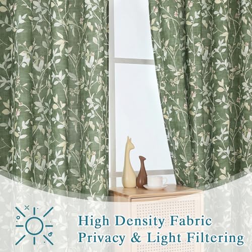 Image of Chyhomenyc Linen Blend Window Curtains 63 Inch Length 2 Panels, Light Filtering Floral Printed Curtain Drapes for Living Room, Rod Pocket Soft Bedroom Curtain Panels, 38Wx63L Inch, Green