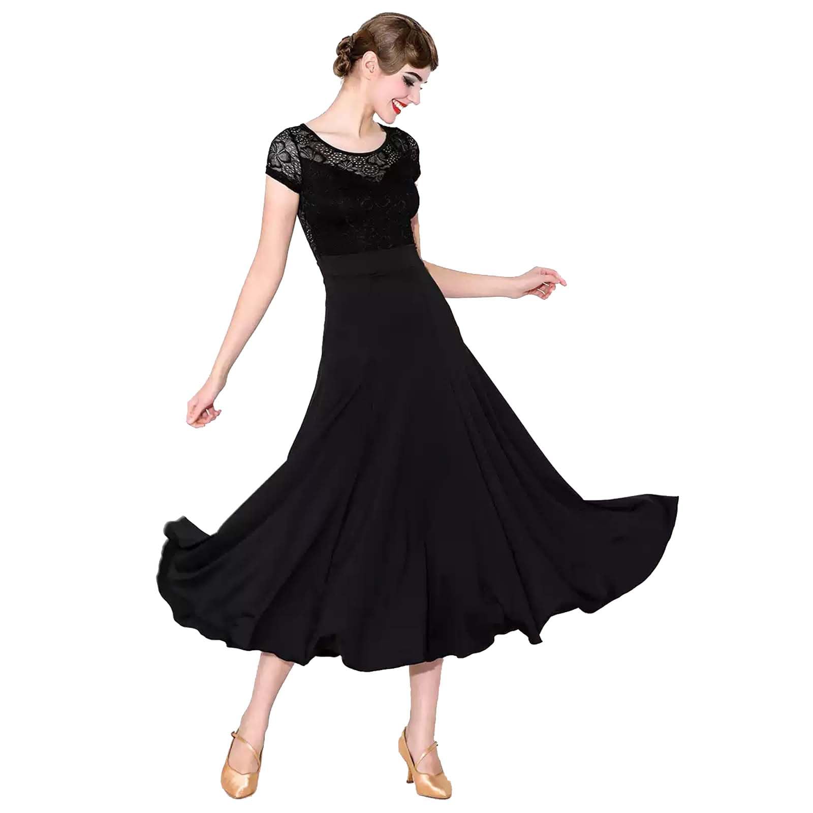 purpleq Damen Standard Tanzkleid, Walzer Performance Kleid, Dance Kleid mit Kurzarm-Spitzeneinsatz, Professionelles Tanzsport Outfit