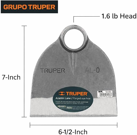 Truper Lane Hoe Replacement Head No. 0, 6-1/2-Inch x 7-Inch Forged Head, 38-39 mm Tapered Cone, 1.6 lb Head Weight, No Handle, Hoe Head for Agricultural and Gardening Use (Model AL-0/10600)
