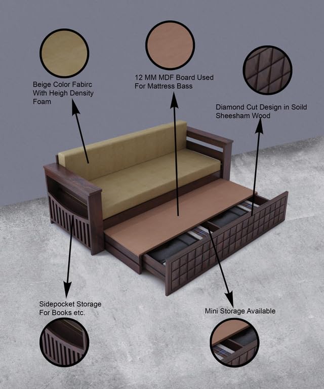 Image of Solid Sheesham Wood Sofa Cum Bed 2 Seater | Wooden Foldable Double Bed for Living Room with Storage | Bed Cum Sofa with Mattress for Home | Full Diamond Design (Walnut Finish)