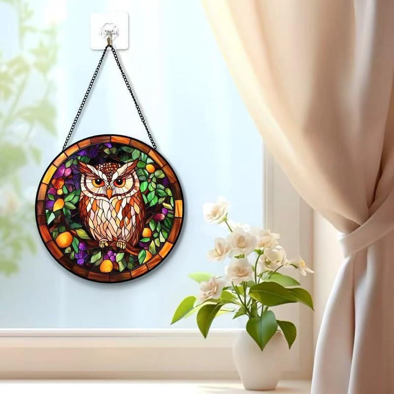 Miniatura 5 de Atrapasoles de cristal con diseño de búho  Tiffany estilo búho colgante de ventana, atrapa sol redondo de vidrio con hojas coloridas y patrón de