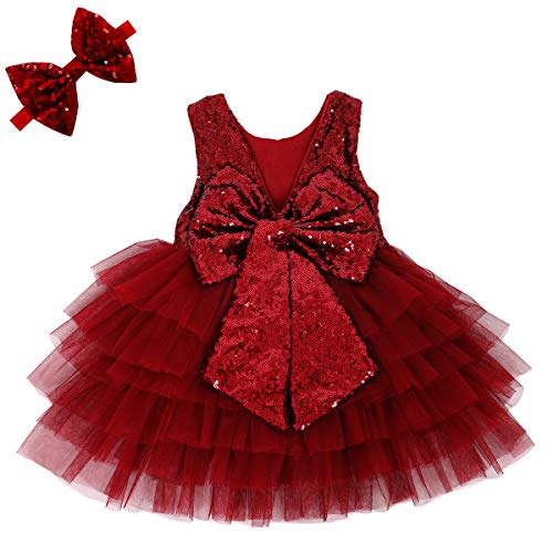 Baby Girls Sequin Party Dress Tulle Backless Formal Dress for Toddler Baby Sleeveless Sparkly Wedding Gown Birthday Gifts Halloween Wine Burgundy 22 6-12M