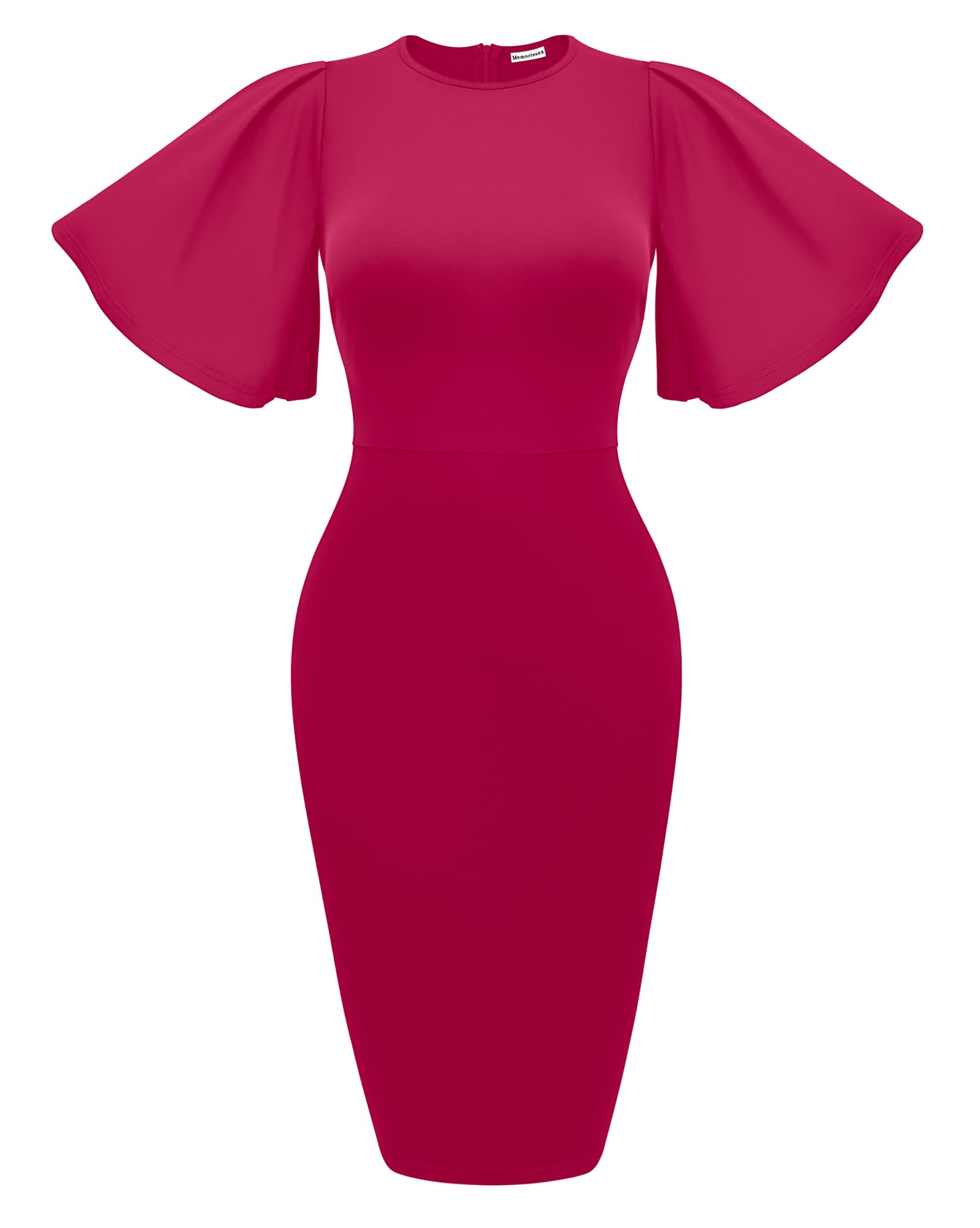 Memoriesea Women's Basic Bodycon Ruffle Flared Short Sleeve Pencil Midi Dress