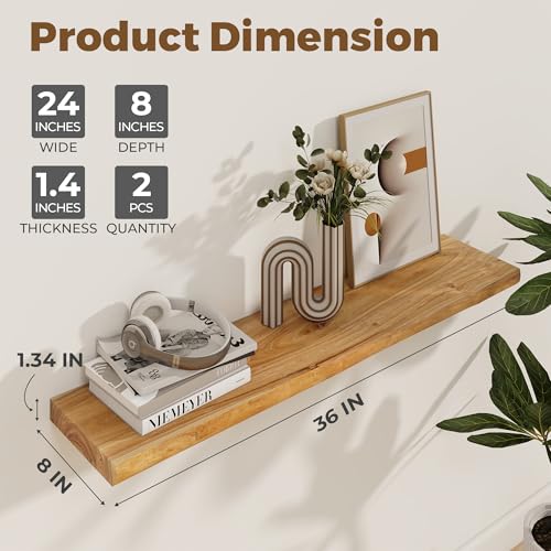 Image of Axeman 36 inch Floating Shelves for Wall Live Edge, Natural, 2PCs | 8'' D Rustic Solid Elm Wood, Wall Mounted, Invisible Bracket, Living Room Bedroom Kitchen