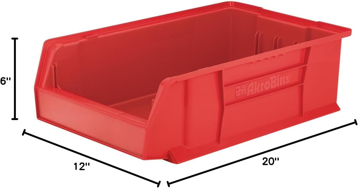 Akro-Mils 30280 Super-Size AkroBins Plastic Storage Bins, Space-Saving Stackable Bins for Garage, Classroom, Warehouse Organization, 20" L x 12" W x 6" H, Red, 4-Pack