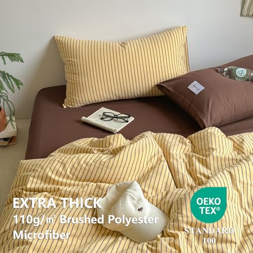 Image of Striped Duvet Cover Full Size Brown Stripes Yellow Bedding Set 3pcs Retro Vertical Ticking Stripes Soft Lightweight Microfiber Comforter Cover Set with Zipper Closure and 2 Pillowcases