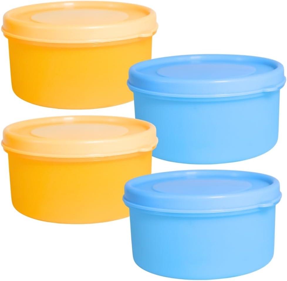 Freshly Round Plastic 350 Ml Container Leak Proof Air Tight Lid|Food Grade Multipurpose|Lunch,Kitchen,Fridge,Snacks,Storage|Microwave Safe,Lightweight,Stackable|Pack Of 4|Orange Blue