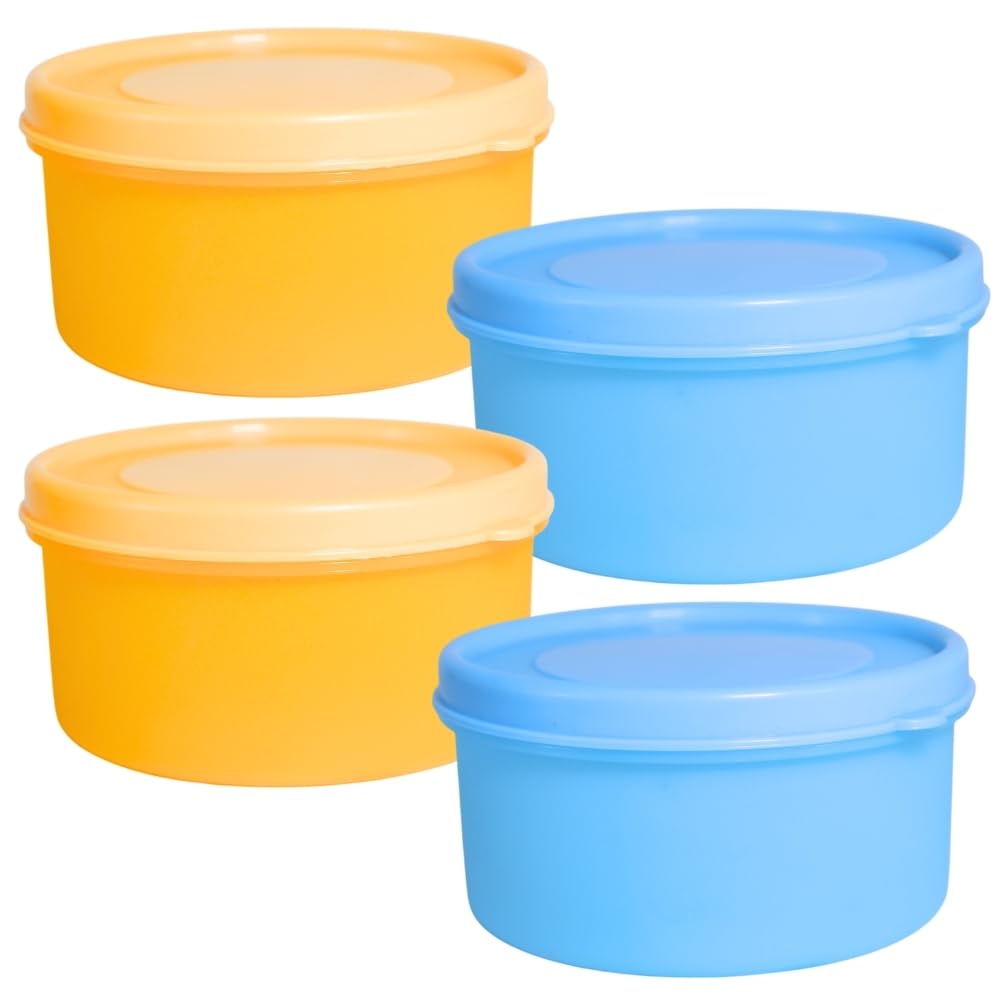 Freshly Round Plastic 350 Ml Container Leak Proof Air Tight Lid|Food Grade Multipurpose|Lunch,Kitchen,Fridge,Snacks,Storage|Microwave Safe,Lightweight,Stackable|Pack Of 4|Orange Blue