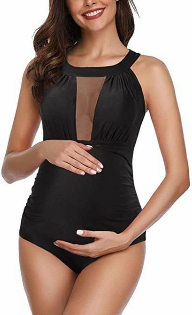 LANGWEI Maternity One-Piece Swimsuit Sexy Mesh Patchwork Padded Ruched Tummy Bathing Suit Pregnancy Swimwear