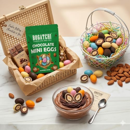 Image of BOGATCHI Chocolate Mini Eggs with Almonds 200g - Crunchy Almond Filled Easter Chocolates, Premium Milk & White Chocolate Coated Eggs, Festive Gift Pack for Kids & Family, Easter Basket Treats (Pouch Pack)