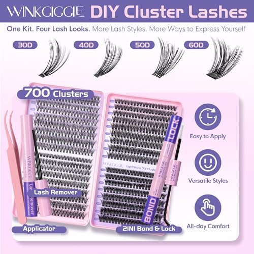 Image of Lash Clusters Kit 700Pcs Cluster Eyelash Extensions Kit, D Curl Wispy Natural Eyelashes Individual Lashes with Bond Seal Tweezers Remover, 8-16mm (30+40+50+60D)