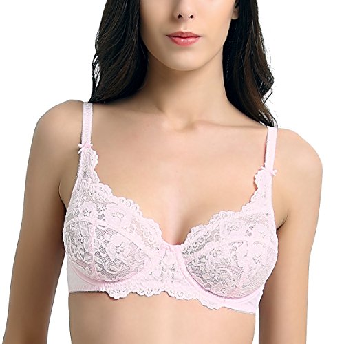 Image of VANEVER Women’s Lace Bra, Comfortable Women’s Bras, Sexy Bra with Underwire & No Padding Cups, Breathable & Non-Chafing Ladies Underwear, Support, Pink 32B