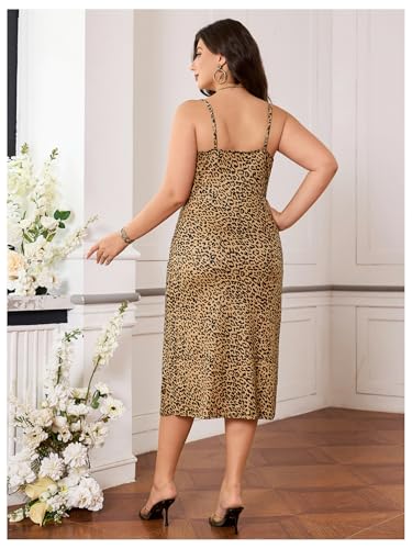 Image of BEAUDRM Women's Plus Size Leopard Print Midi Dress Split Thigh Sleeveless Square Neck Bodycon Midi Dresses Brown XX-Large Plus