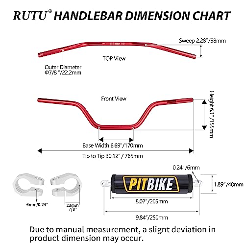 Image of Handlebars 7 /8 Inch for Motorcycle,RUTU Upgraded Universal Dirt Bike Handle Bar with Crossbar Pad Mid-Rise Mini Bike Pit Bike Handlebar for Motocross ATV Quad - Red