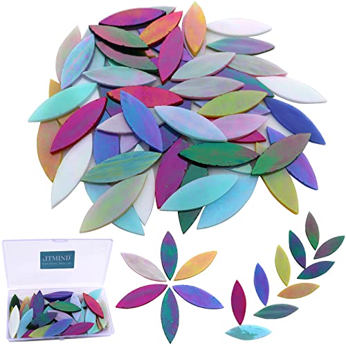 Litmind 50 Pcs Iridescent Glass Large Petals Mosaic Tiles For Crafts, 2" X 0.63" Hand Cut Stained Glass Leaves Pieces, Rainbow Glass Flowers Mosaic Making Supplies #TOP21