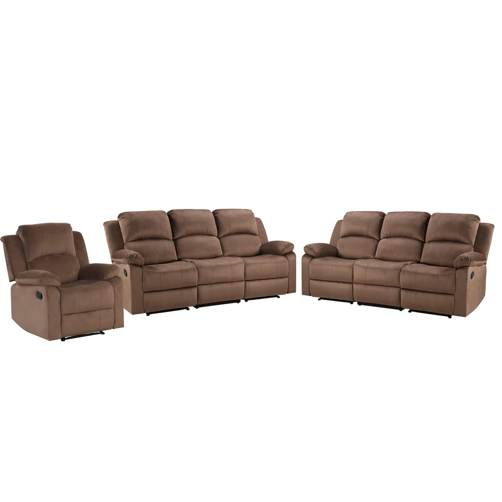 EBELLO Manual Recliner Sofa Set, Modern Microfiber Reclining Couch Furniture Set for Living Room, Includes 1 Recliner Chair and 2 3-Seater Reclining Couch for Home Theater and Office, Brown view 9