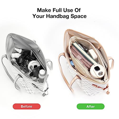 Shingone Purse Organizer Insert For Handbags，Tote Bag Organizer，Microfiber Leather Handbag Organizer Insert With Retractable Key Chain，Led Light，Zipper，Extra Large Space With 15 Storage Slots，Medium #TOP3