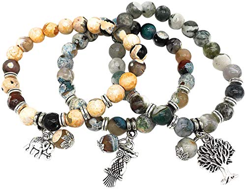Preisvergleich Produktbild Helena Rose Spirituelle Vitalitätsarmbänder für Frauen, handgefertigter Halbedelstein mit Lebensbaum-Anhänger Set mit 3 Stück, inkl. Geschenkbox