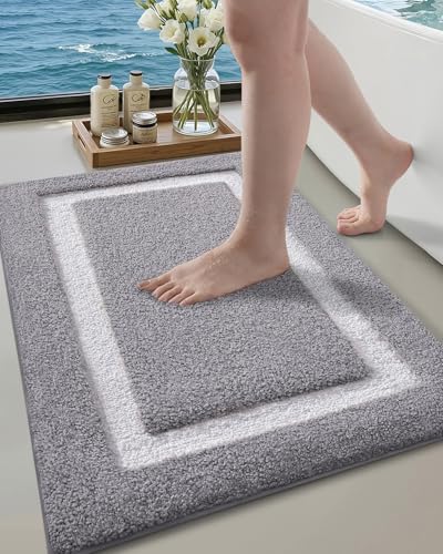 Image of Color&Geometry Gray Bathroom Rugs 30x20, Extra Soft Absorbent Microfiber Bath Rugs, Non-Slip Bathroom mat, Washable Plush Bath Mats for Bathroom, Shower, Bathtub, Laundry, Light Grey White