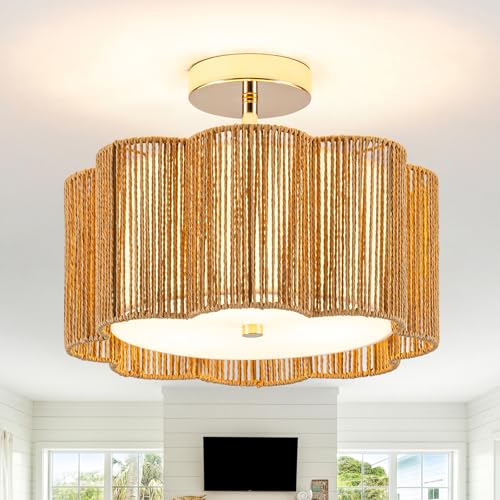 Tbaoinla Golden Blossom Boho 3-Light - 14" Handwoven Rattan Flush