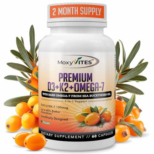 MoxyVites Vitamin D3 K2 5000 IU – High Absorption D3 + K2 MK-7 with Sea Buckthorn Oil & Omega-7 – Bone, Heart & Immune Support for Women & Men – 60 Vegan Capsules