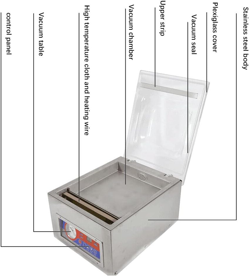 Dimensions of the DZ-260C vacuum packaging machine: 40cm height, 31cm width, 28cm depth, with internal chamber dimensions of 27cm by 26cm.