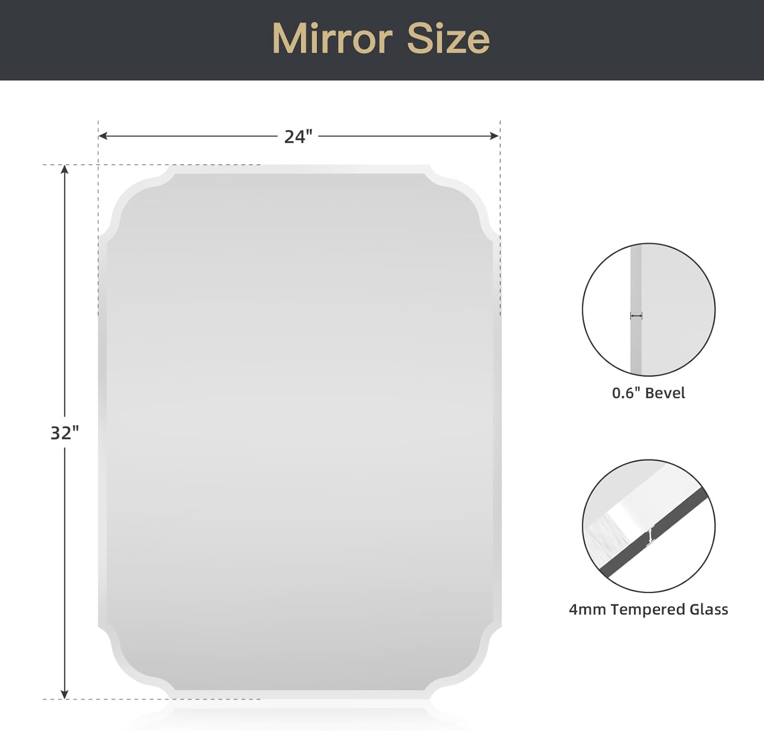 Beveled Frameless Bathroom Mirror with Scalloped Edges, 24" x 32" Rectangle Beveled Mirrors, Vanity Bathroom Mirror for Over Sink, Fireplace, Entryway, Restroom 32"L x 24"W