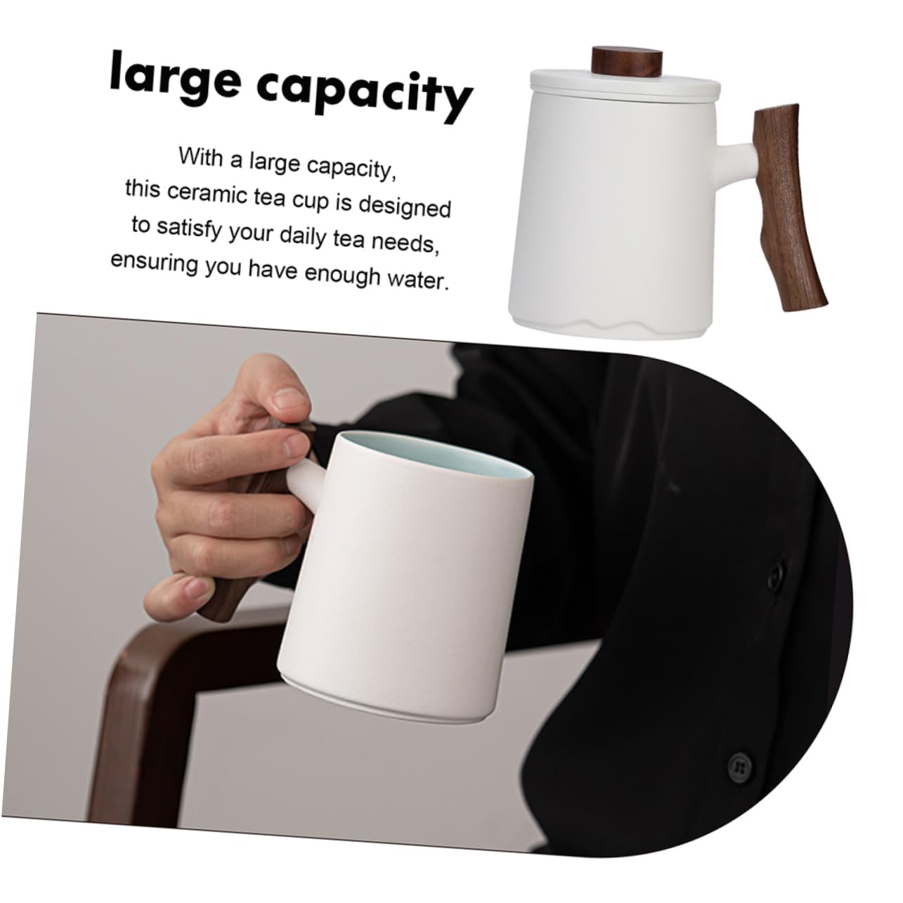 Mug avec Passoire à Thé 360ml en Céramique avec Poignée Bois Blanc