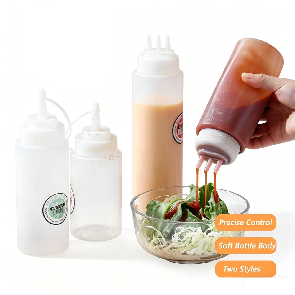 50 bottiglie vuote in plastica con spruzzi, dispenser per salse, condimenti, per cucina, olio, barbecue, pomodori, insalata, condimenti, con foro singolo e tre fori, contenitori ricaricabili (1000 ml)