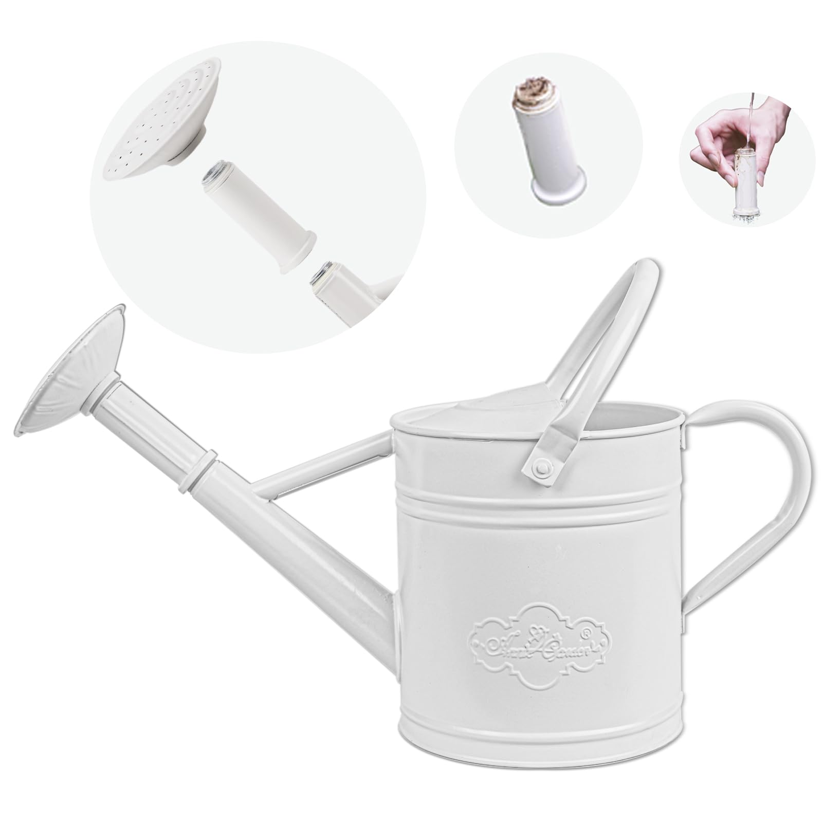 Gießkanne aus Metall für Innen- und Außenbereich, abnehmbare Bewässerungsrose und Ausgießer, Doppelgriff, Gartenwasserkanne für Terrasse, Gewächshaus und Zimmerpflanzen, 3,8 l, Weiß
