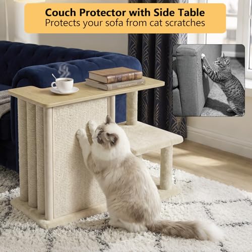 Image of Homegroove Cat Scratch Furniture Protector, 35.6''L Multi-Functional Cat Scratcher Side Table with Sisal Scratching Posts and Pad, Large Cat Couch Protector from Cat Claws for Living Room (Wood, Left)