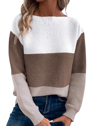 Womens Long Sleeve Crew Neck Color Block Fall Fashion Knitted Pullover Sweaters Jumper Tops