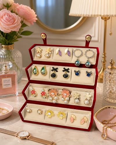 Image of Korean Designer Stud Earrings Set of 12 with Folding Jewelry Box| Traditional & modern korean earing set for women& girls